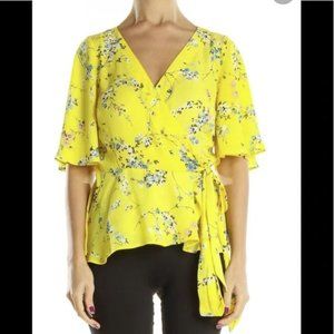 LOFT Floral Flutter Sleeve Wrap Blouse Top | Yellow Blue Pink | Size Medium